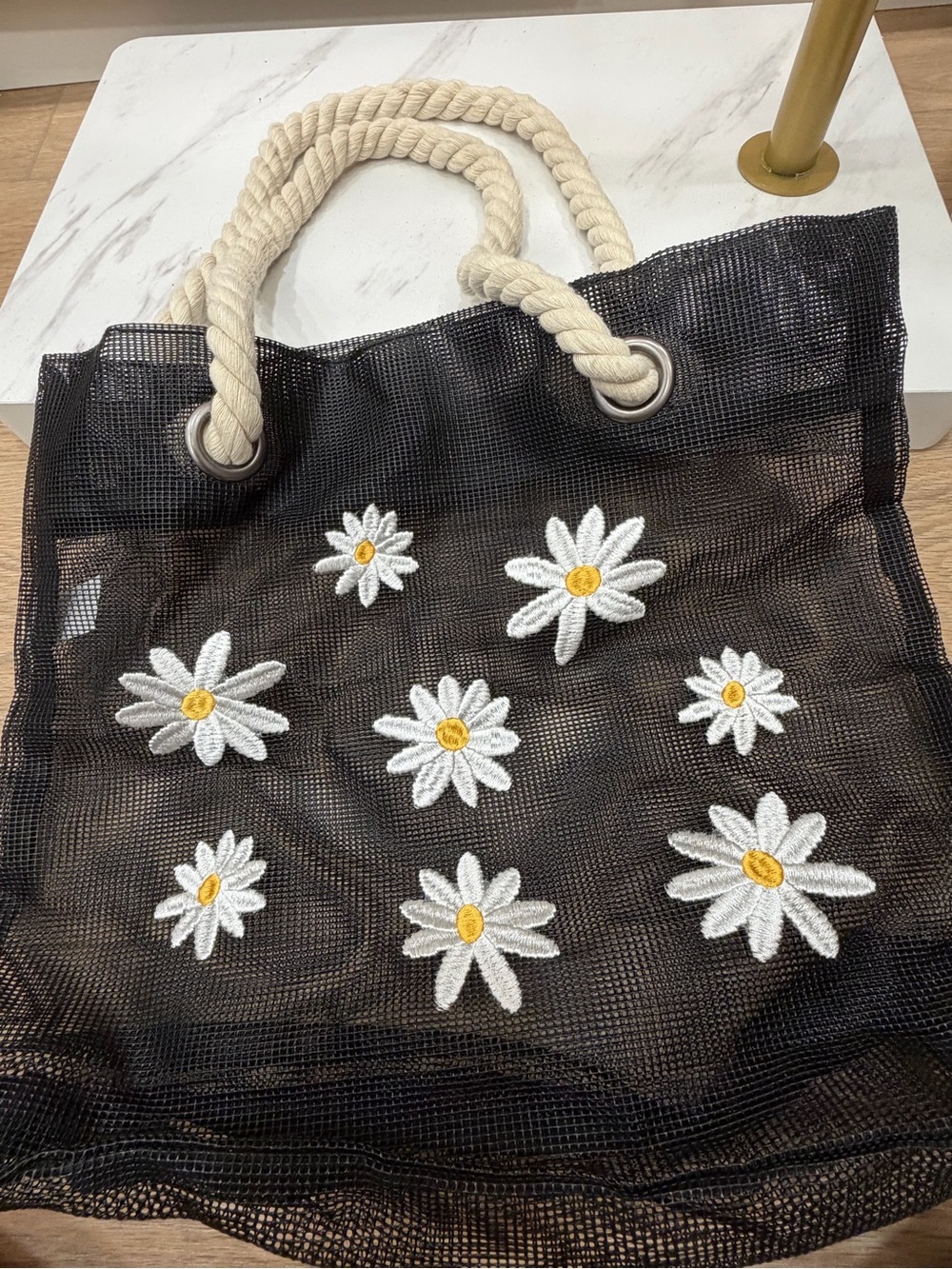 art class Black Mesh Tote with White Daisy Appliqués and Cream Rope Handles